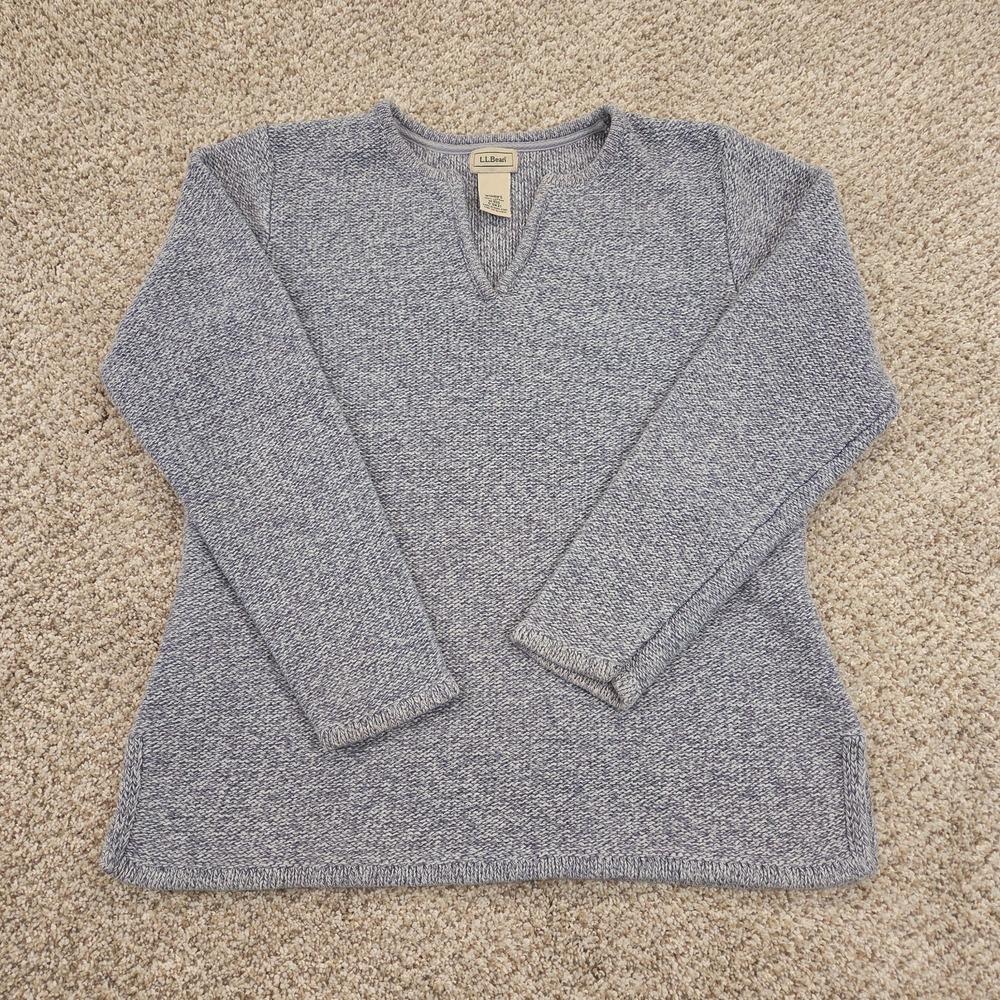 LL‎ Bean Cotton Sweater M Marled Heather Summer Casual Blue Knit Split V Neck